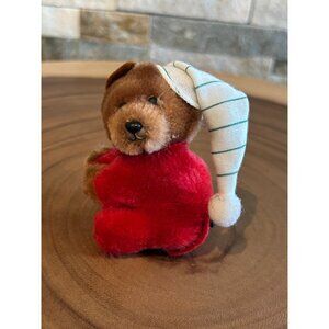 Vintage Dakin Christmas Teddy Bear With Red Outfit & Striped Santa Hat Clip for